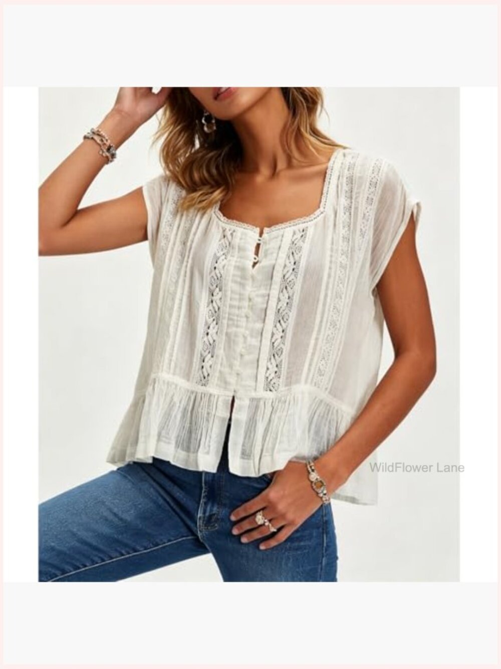 Semi Sheer Button Down Blouse Square Neck Lace Ruffle Trim Cap Sleeve Crop Top - Picture 5 of 6